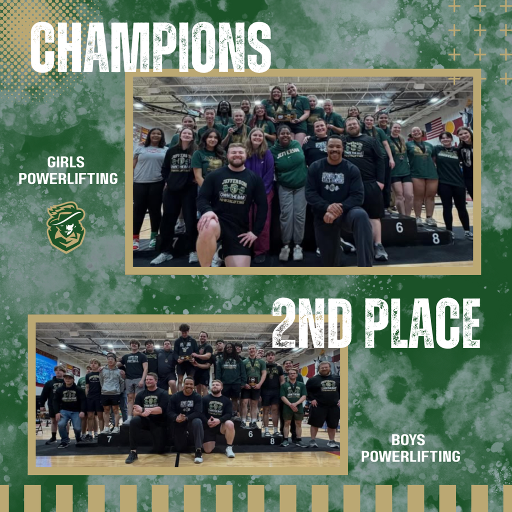 Graphic with powerlifting results. Girls placed 1st, and boys placed 2nd. 