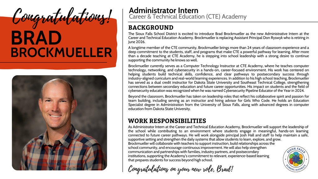 Brad Brockmueller announced as the new Administrative Intern at the CTE Academy