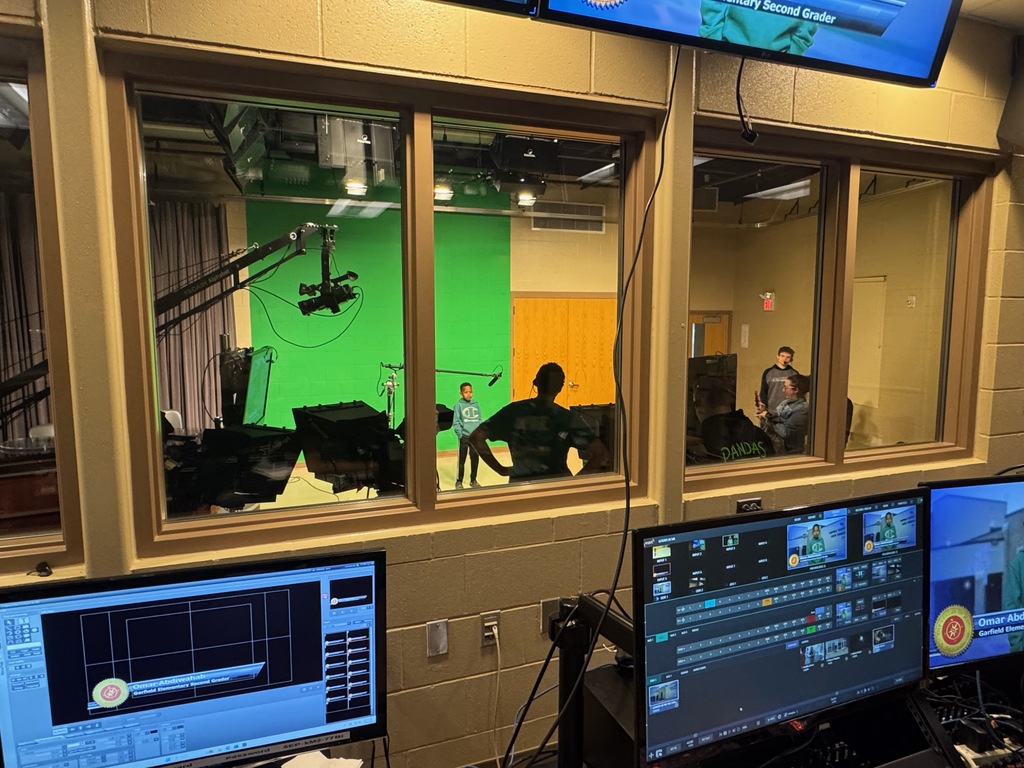 Garfield Elementary students using the green screen for media productions