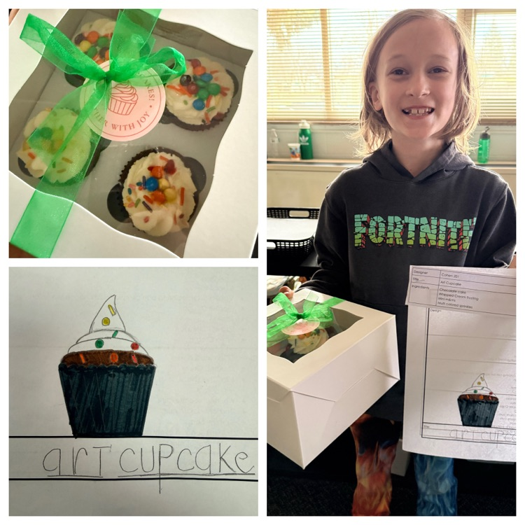 a collage style photo of a child with his cupcake design.