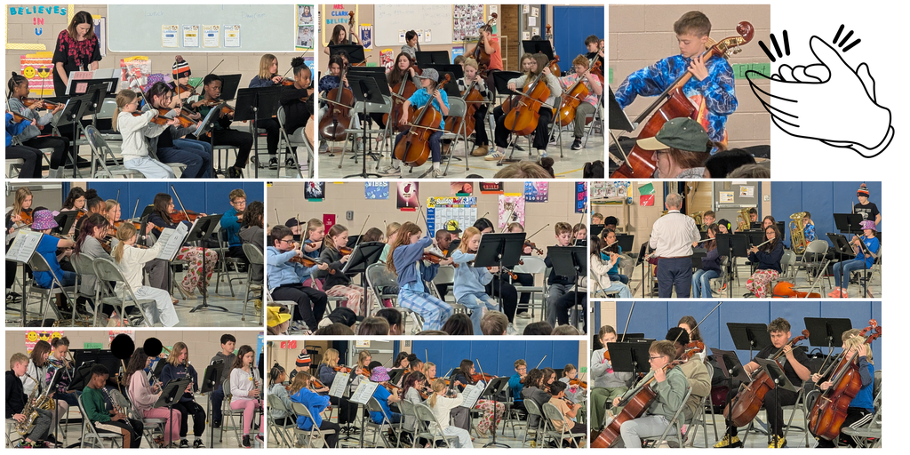 Pictures of 4th & 5th grade band & orchestra students playing at their Spring Concert