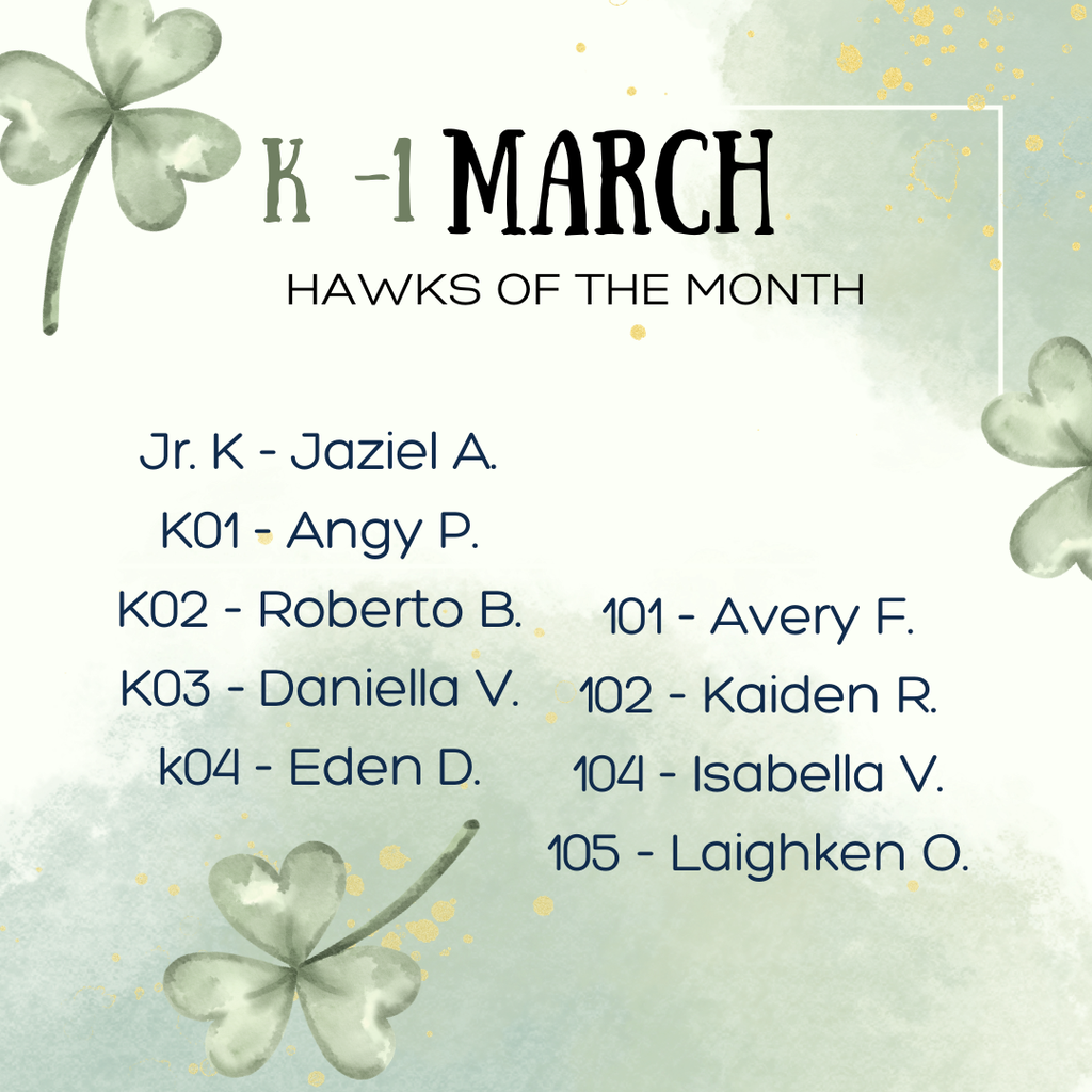green background with shamrocks, names of K-1 students of the month