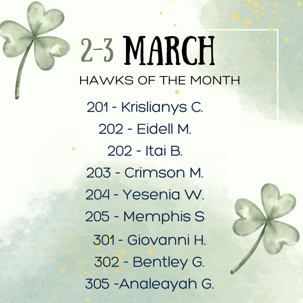 green background with shamrocks, names of 2-3 students of the month