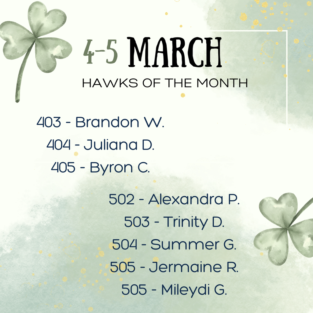 green background with shamrocks, names of 4-5 students of the month