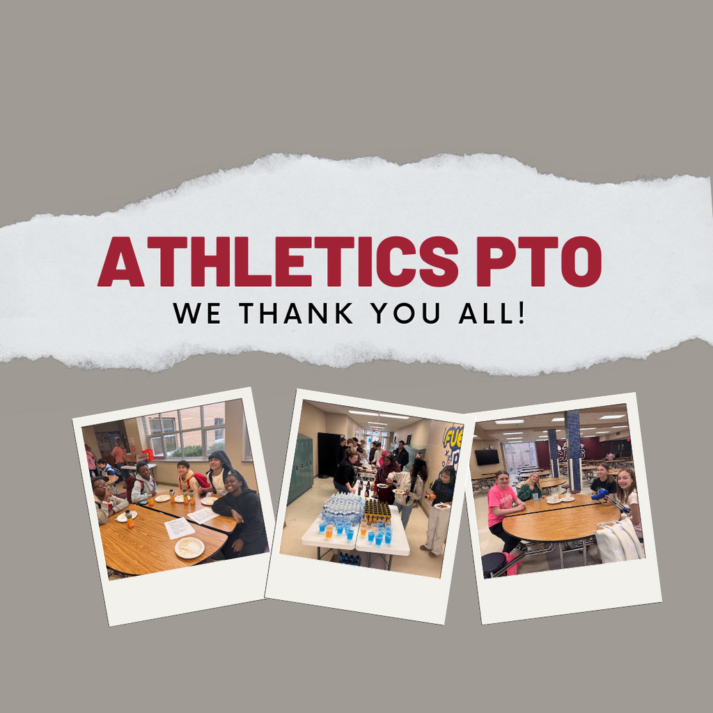 Graphic with the words “Athletics PTO, we thank you all.” Below the text are three photos from the pancake feed: two show students sitting at lunch tables smiling and enjoying their food, and one shows students standing in line while volunteers serve food.