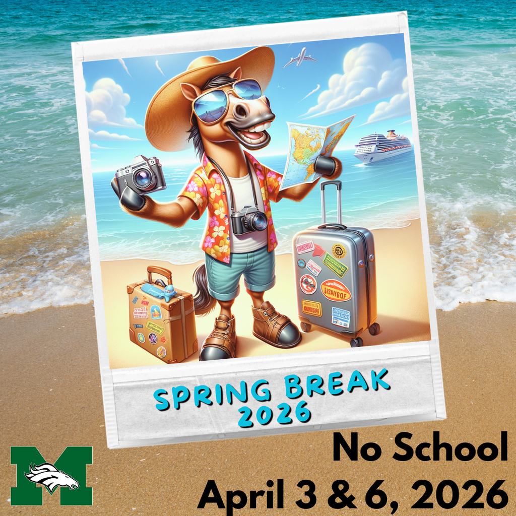 A fun, beach-themed graphic styled as a Polaroid photo set against a sandy ocean shoreline. Inside the Polaroid, an illustrated cartoon mustang wearing a straw hat, sunglasses, and a colorful Hawaiian shirt stands on a beach holding a camera and a map, with two sticker-covered suitcases beside him and a cruise ship visible in the background. The Polaroid caption reads "Spring Break 2026" in bold teal letters. Below the Polaroid, the MMS Mustang logo appears in the bottom left corner, and bold black text on the right reads "No School — April 3 & 6, 2026."