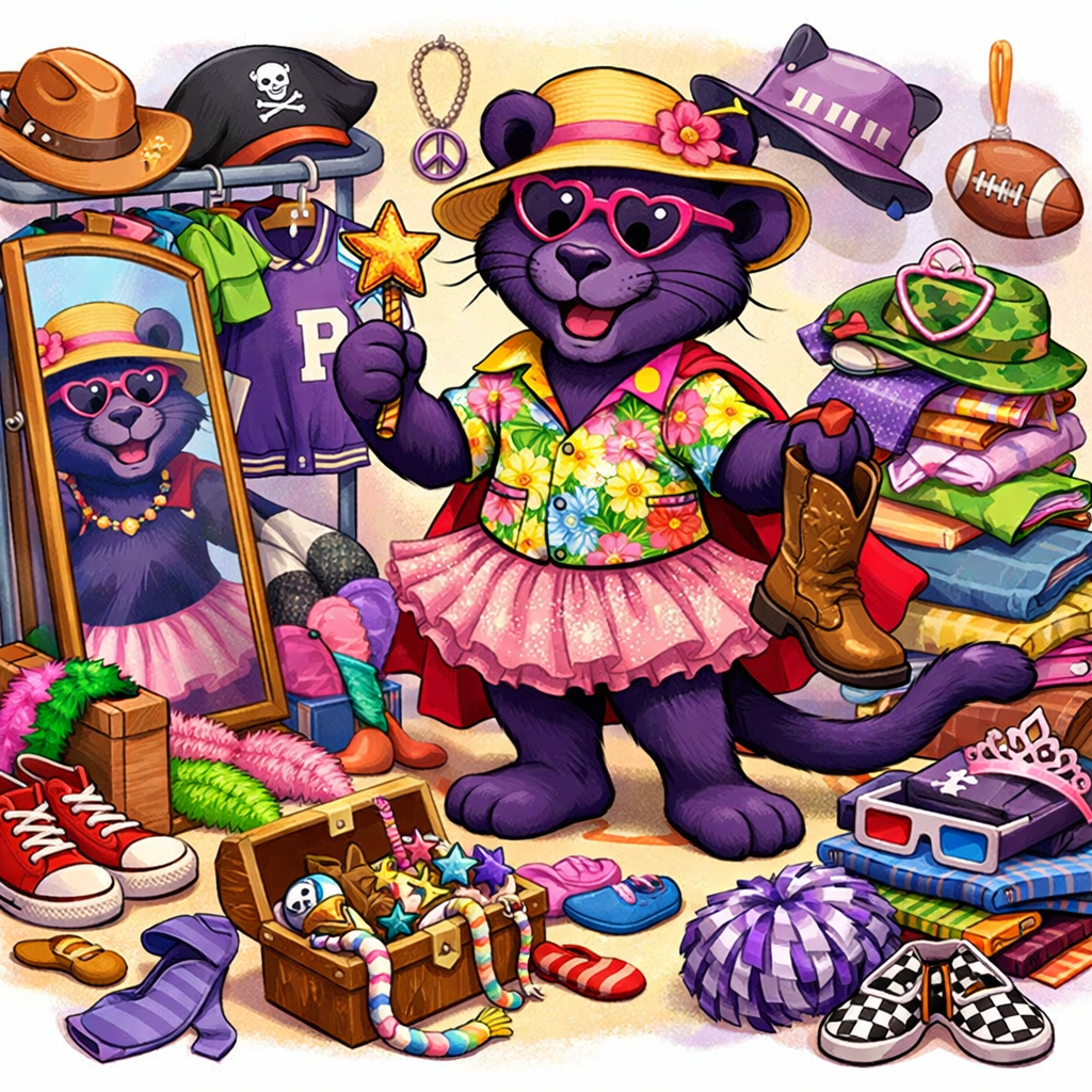 friendly panther tryong on clothes in a messy closet