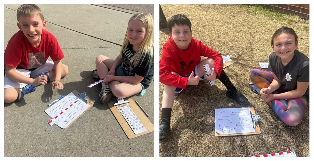 Students measuring and doing math outside. 
