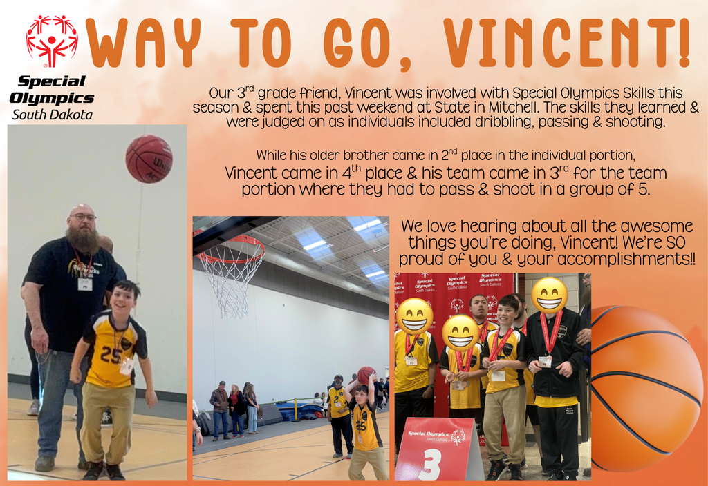 Vincent (in 3rd grade) spent the weekend in Mitchell performing at State in the Special Olympics. He won 4th in the individual portion, & his team placed 3rd!