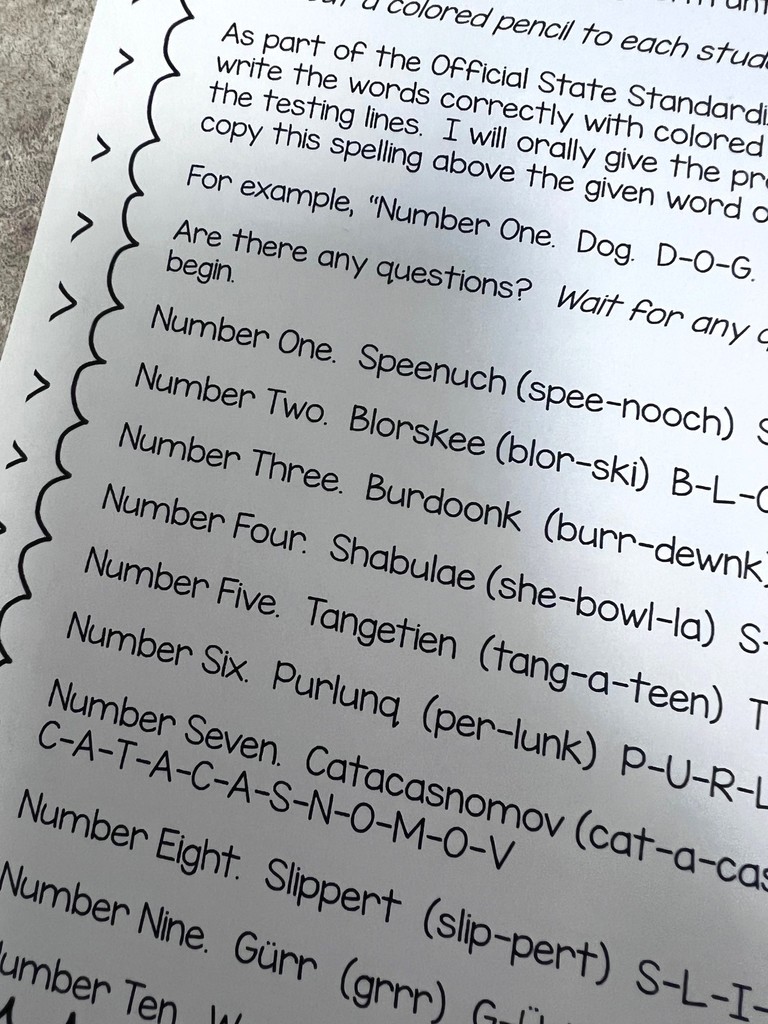Spelling test worksheet.