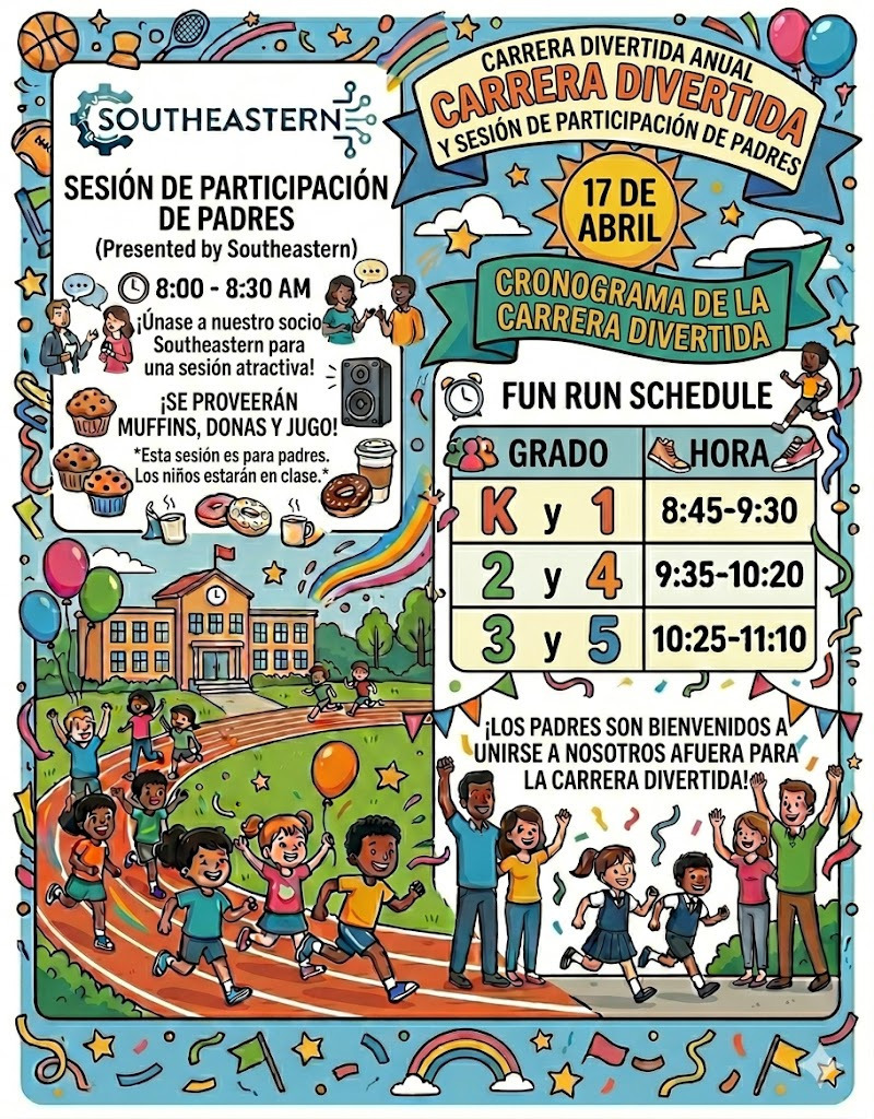 kids running on a track at school with balloons and confetti while adults cheer them on