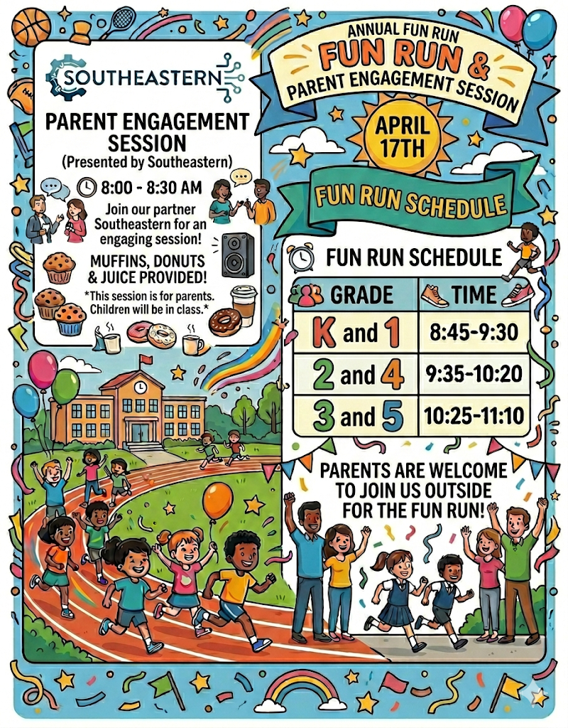 kids running on a track at school with balloons and confetti while adults cheer them on