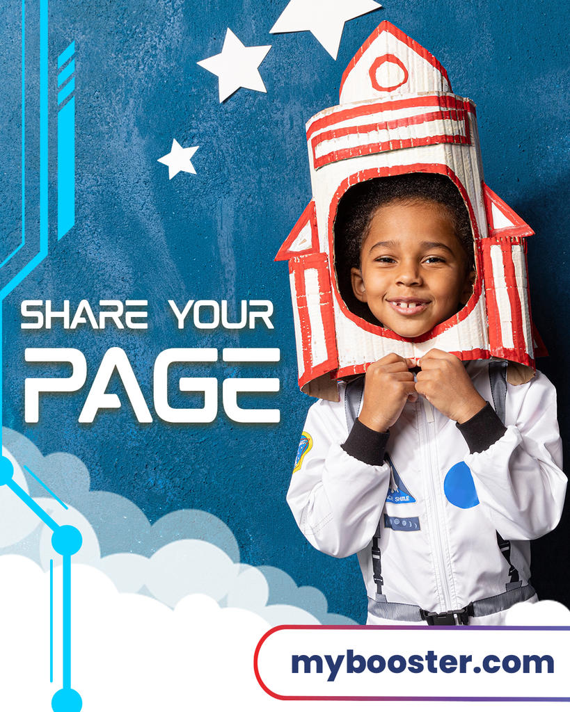 child in an astronaut costume with a helmet shaped like a rocket made out of painted cardboard on a blue background with clouds and three white stars