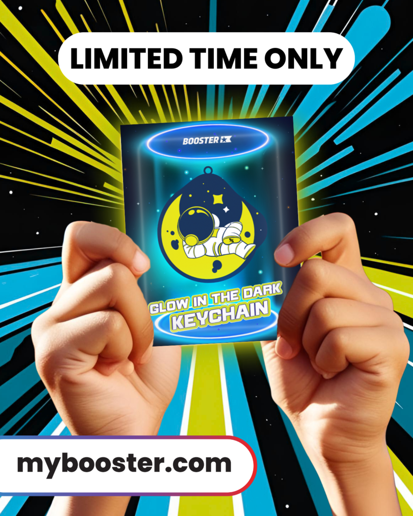child's hands holding up the glow in the dark keychain featuring a lime colored crescent moon and an astronaut on it