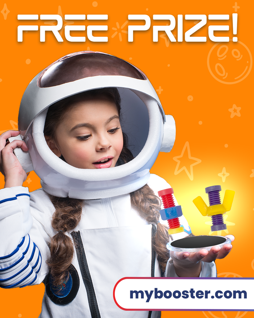 Orange background with a girl in an astronaut costume holding 2 fidget spinner toys on an open palm