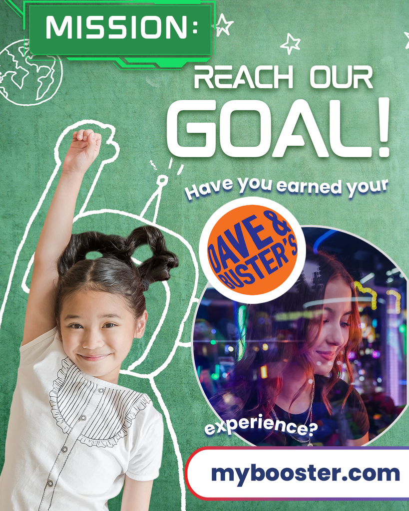 Girl raising her hand in triumph next to the Dave & Buster's logo and a picture of a girl playing games at Dave & Buster's