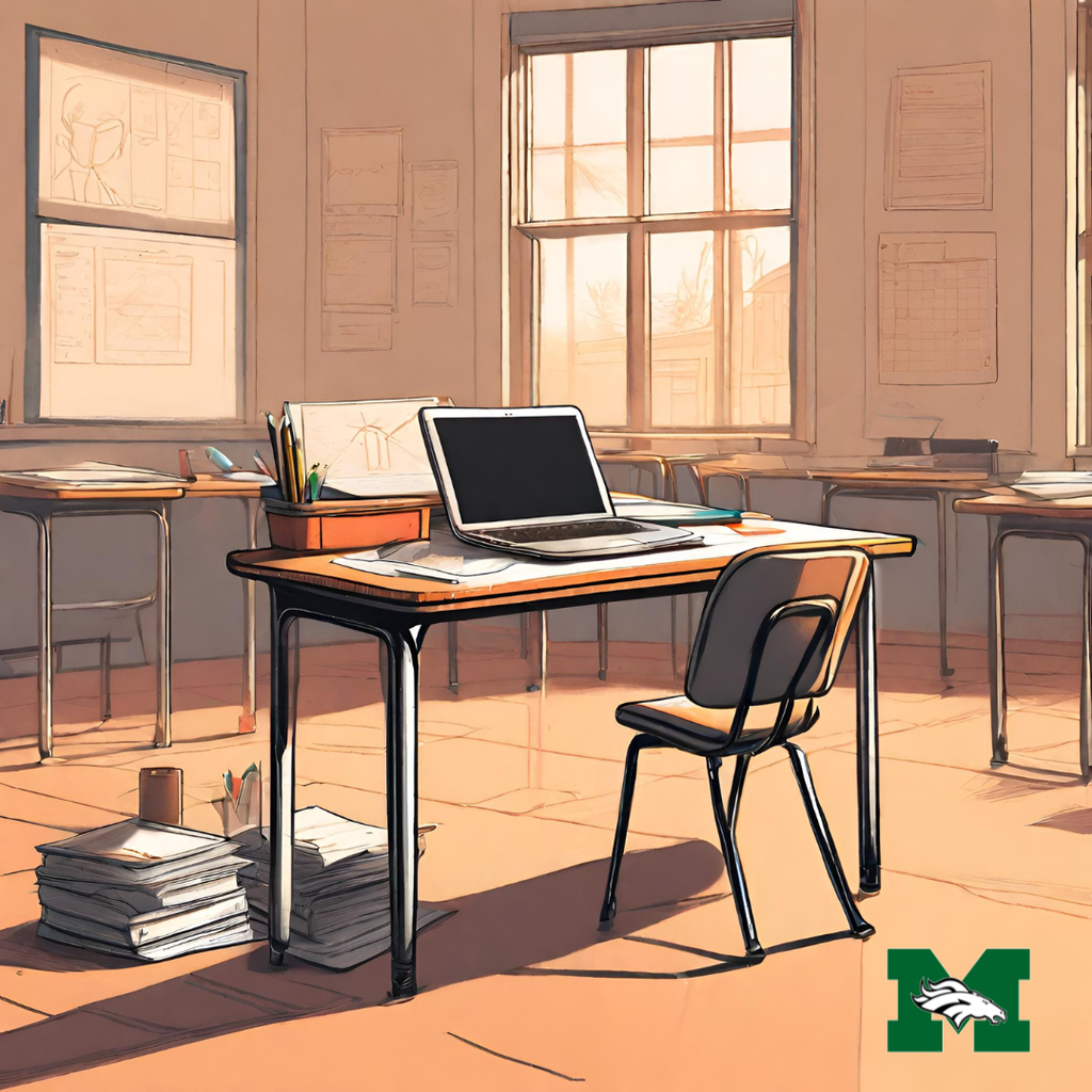 Illustrated image of a sunny classroom with a wooden student desk, open laptop, stack of books on the floor, and papers on the desk. The MMS Mustangs logo appears in the bottom right corner.
