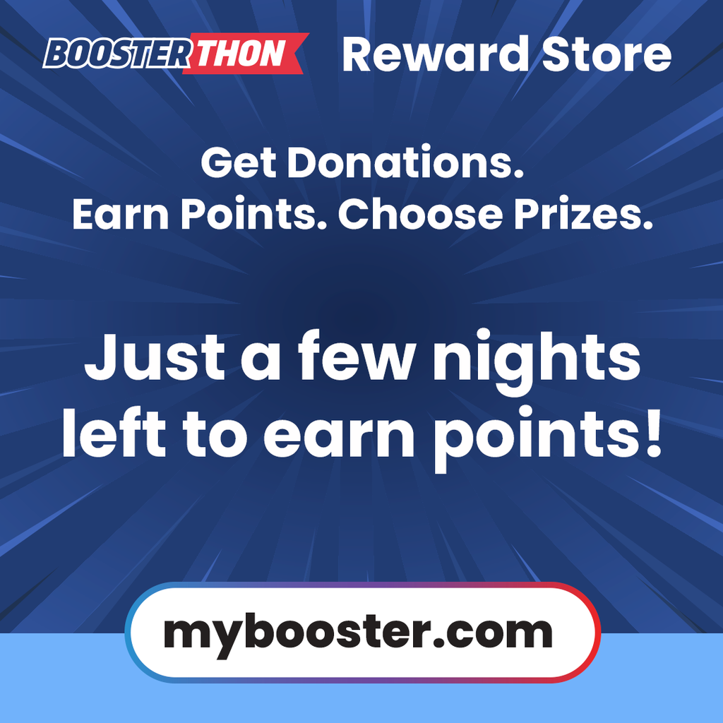 dark blue background with text reminding families to sign up at mybooster.com to earn points and prizes