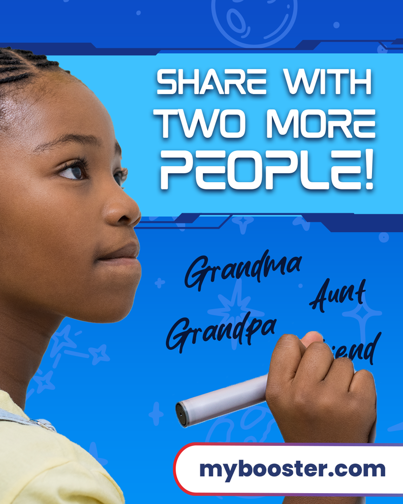 blue background, girl holding a black marker writing down relatives to share Fun Run information with