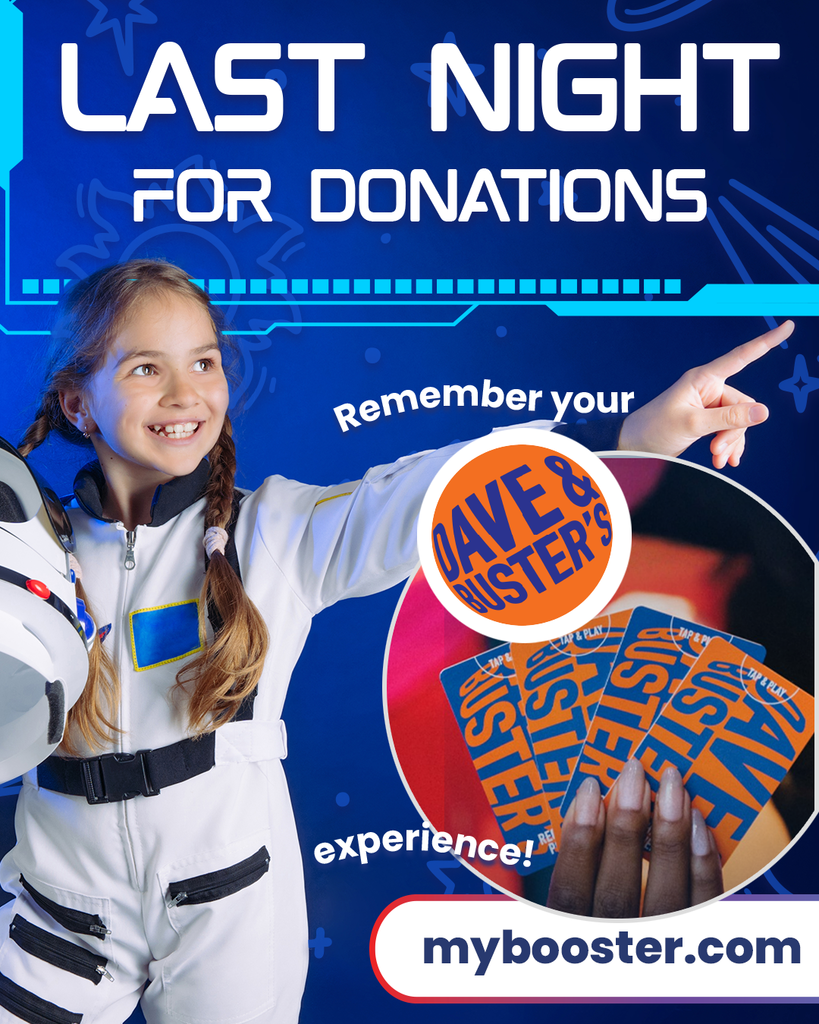 girl dressed up like an astronaut with an inset picture of Dave & Buster tickets