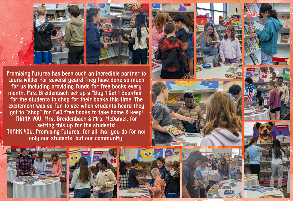 Students got to "shop the book fair" to choose their book of the month,  funded by Promising Futures. Thank you Mrs. Breidenbach for putting this together & thank you Promising Futures for all you do for our students!!