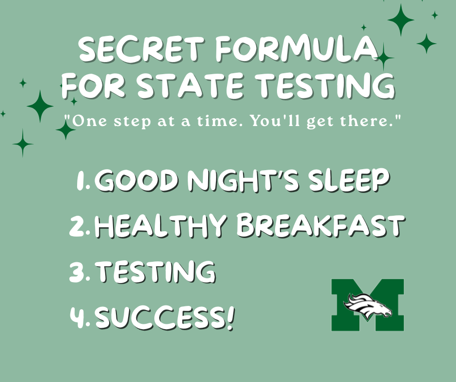 A light sage green graphic with dark green sparkle accents. Bold white text at the top reads "Secret Formula for State Testing." Below in italic script: "One step at a time. You'll get there." A numbered list follows in large bold white letters: 1. Good Night's Sleep, 2. Healthy Breakfast, 3. Testing, 4. Success! The MMS Mustang logo appears in the bottom right corner.