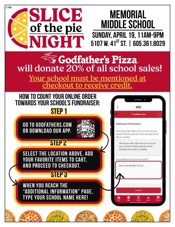 Godfather's Pizza Slice of the Pie Night fundraiser flyer for Memorial Middle School. Event is Sunday, April 19, 11 a.m. to 9 p.m. at 5107 W. 41st St. Godfather's will donate 20% of school sales. Instructions for counting online orders toward the fundraiser are included.
