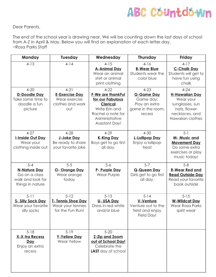 Here’s the calendar of days for the last 26 days of school  