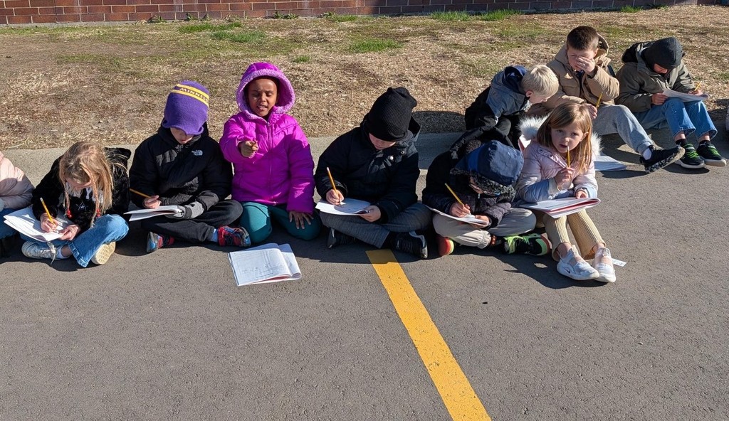 Students looking at the sky and drawing. 