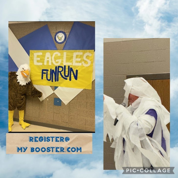 Fun Run kick off; Mr. Sheets wrapped like a mummy.