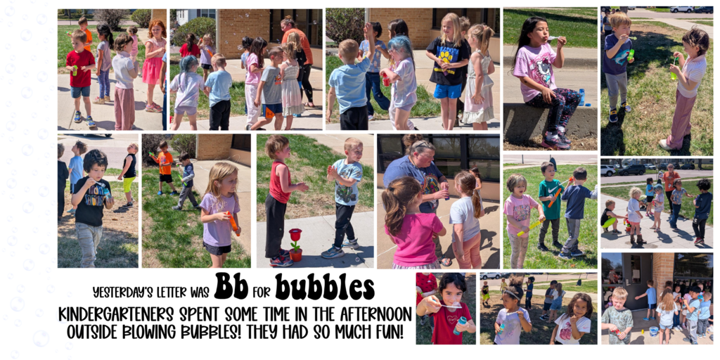 Kindergarten friends blow bubbles for "Bb" day