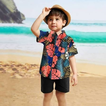 boy in Hawaiian clothes 