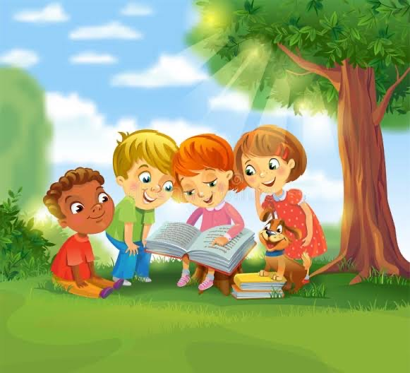 children reading under a tree 