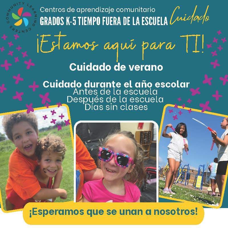 Fondo de color verde azulado con tres instantáneas de niños jugando al aire libre en parques infantiles y en un aula.