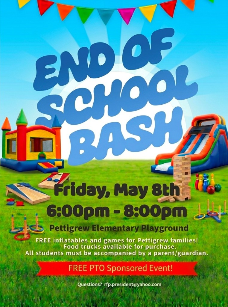 Poster advertising the end of year bash with inflatables and games on green grass with a blue sky