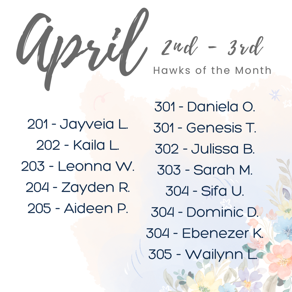 Pastel floral background, text: April 2nd & 3rd Grades Hawks of the Month, list of students honored