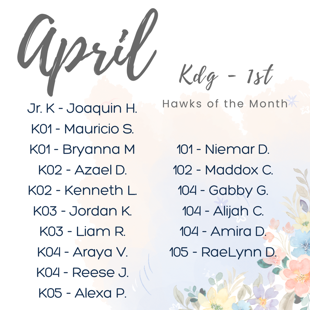 floral background; TEXT: April Kdg - 1st Hawks of the Month; list of students honored in April 