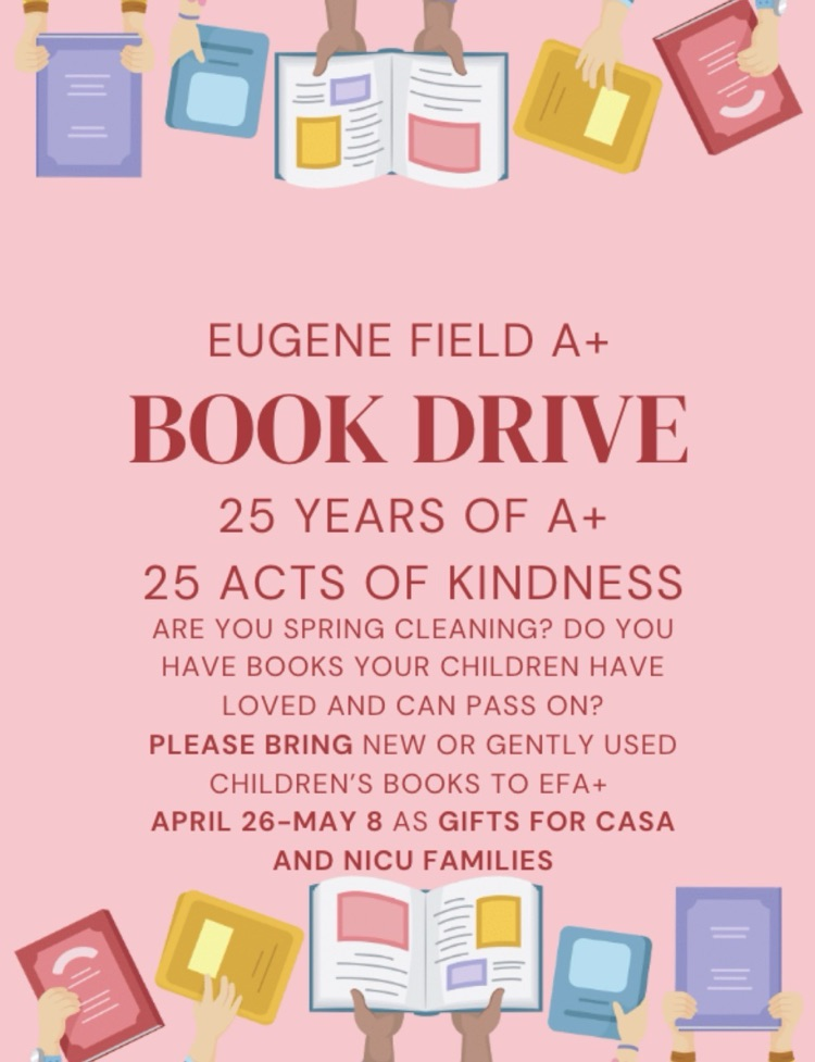 graphic about the book drive.  pink background with dark pink text and book graphics.