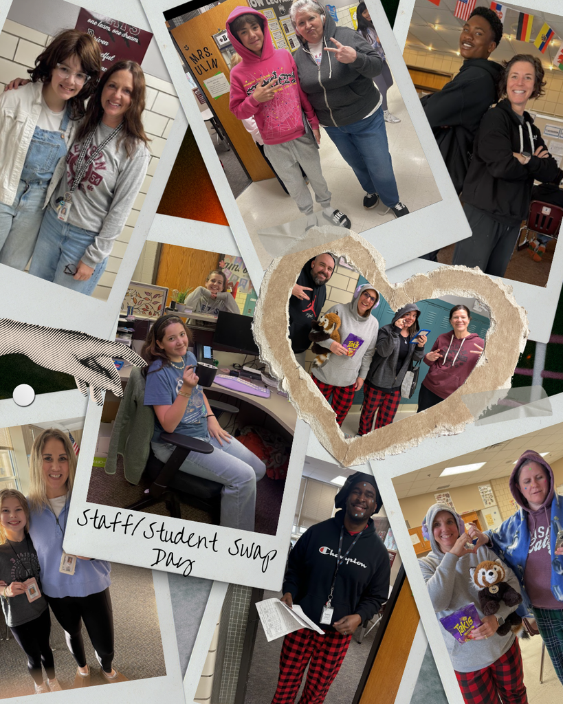 photo collage of students and teachers dressed up as eachother. one photo is a group of teachers dressed as students wearing pajama pants and headphones, pimple patches and holding up a peace symbol sign. other picture is of a student sitting in a teachers chair holding a coffee mug and the teacher on the other side of the desk smiling as the student. 
