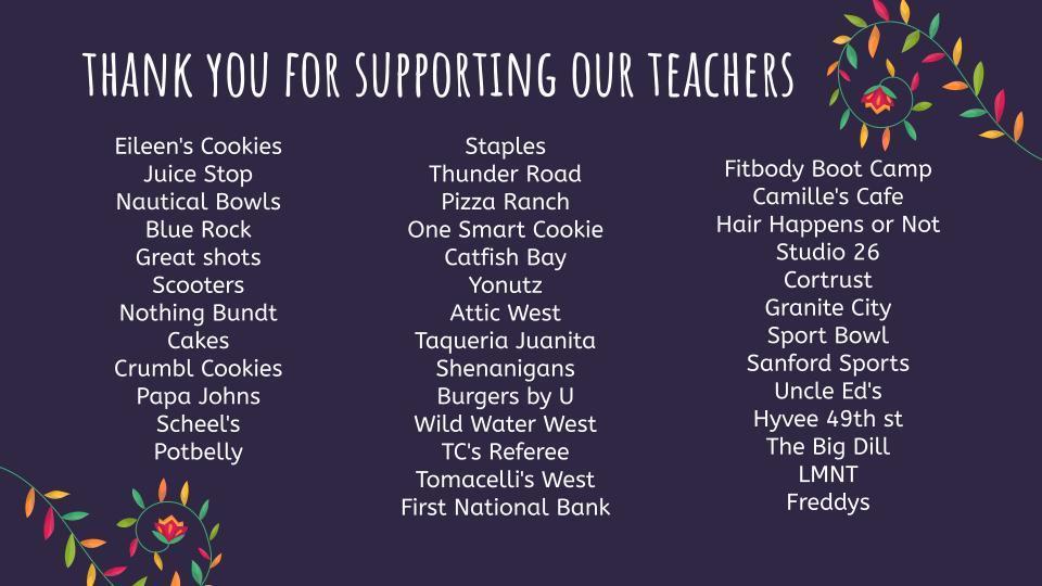 Dark blue background with Cinco de Mayo floral motif at the corners, list of local businesses who have donated for Teacher Appreciation Week