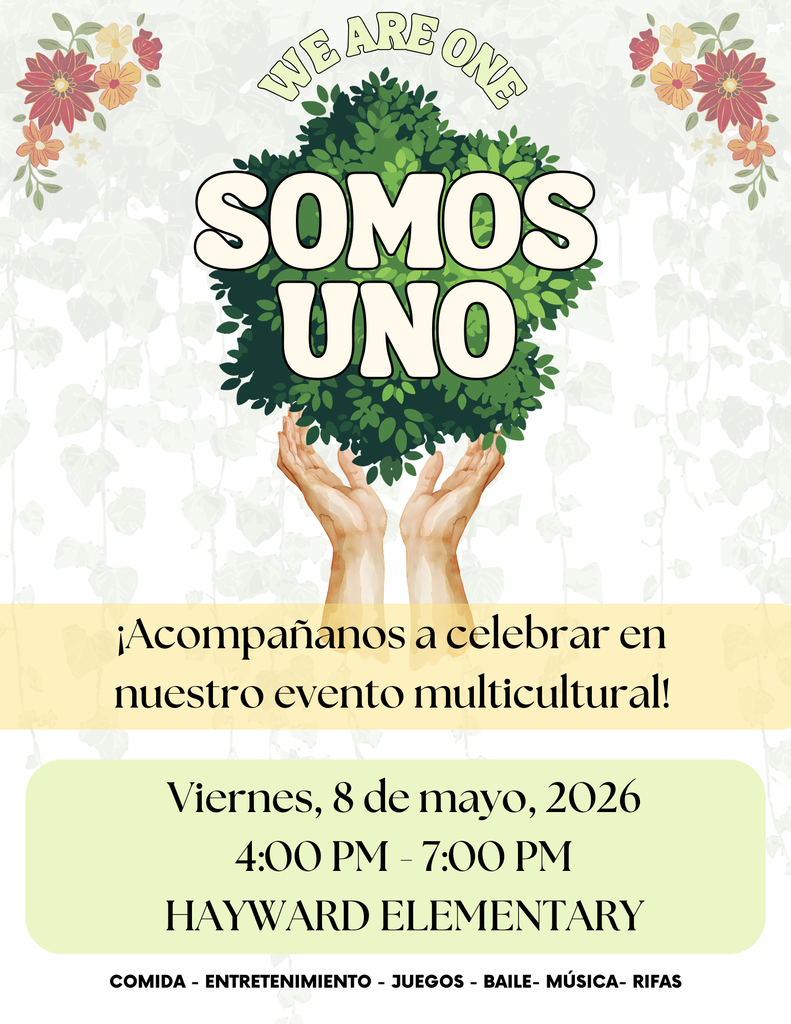 Two outreached hands that form the trunk of a tree, the words Somos Uno written in front the the leaves