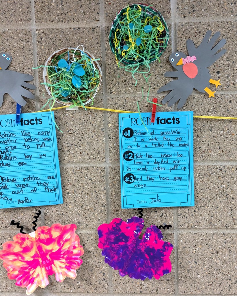 Kids artwork about robins and butterflies. 