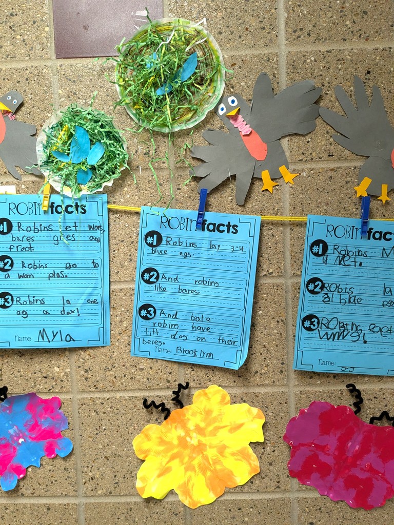 Kids artwork about robins and butterflies. 
