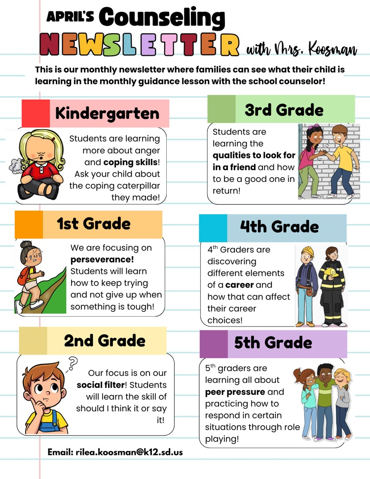counseling newsletter with monthly lessons listed for each grade level 