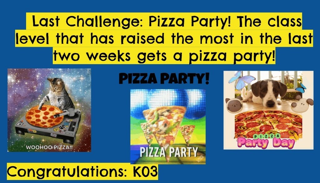K03 won the pizza party for the class that raised the most for the fundraiser