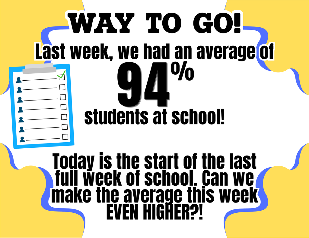 We had a weekly average of 94% students here last week! Let's see if we can make that percentage higher for the last full week of school!