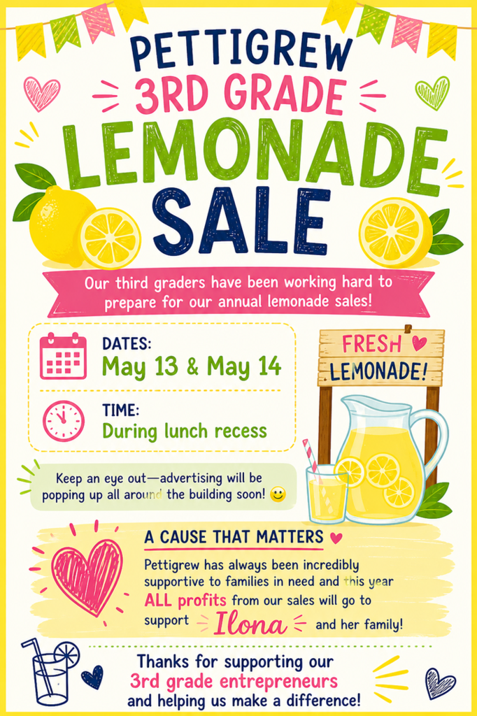Lemonade Stand announcement with lemons and a pitcher of lemonade