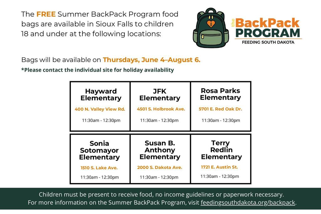 Grid detailing locations where weekend food bags will be distributed
