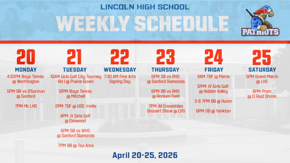 Weekly Schedule April 20 -25 2026