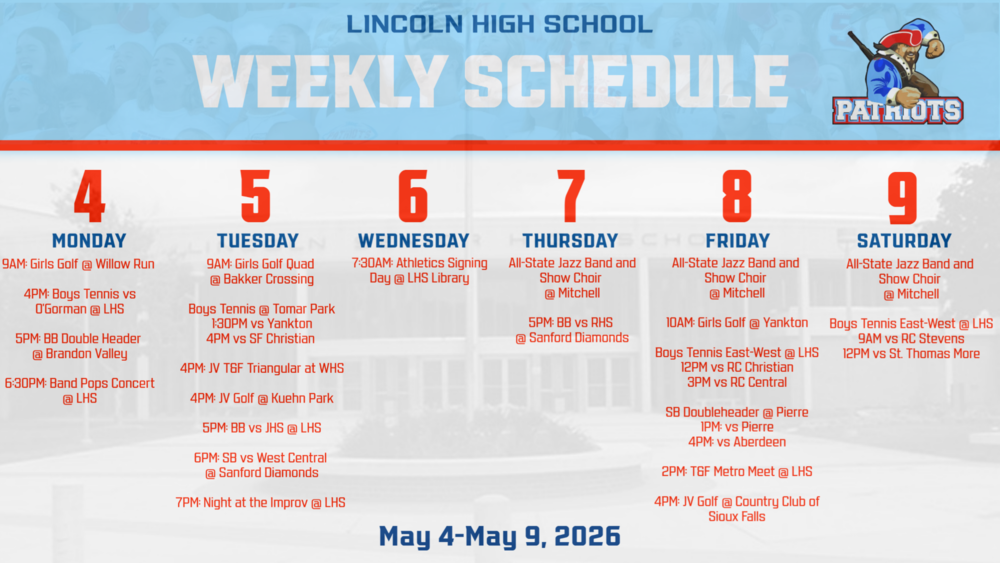 Weekly Schedule May 4 - May 9th 2026